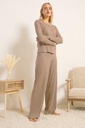 LTS Tall Women's Camel Brown Ribbed Wide Leg Trousers | Long Tall Sally  1