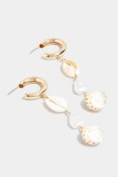 Gold Tone Hoop Shell Drop Earrings | Yours Clothing 3