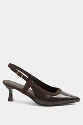 Chocolate Brown Croc Embossed Sling Back Heels In Wide E Fit | Yours Clothing 2