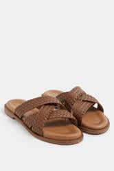 Brown Woven Cross Strap Footbed Sandals In Wide E Fit