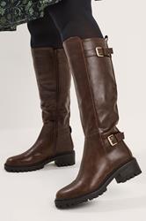 Brown Faux Leather Buckle Detail Knee High Boots In Standard Fit | Yours Clothing 1