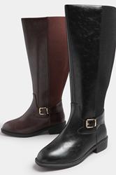Black Buckle Stretch Knee High Boots In Extra Wide EEE Fit | Yours Clothing 6