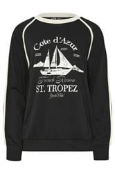 LTS Tall Black 'Cote d'Azur' Slogan Pipe Detail Sweatshirt | Long Tall Sally  1