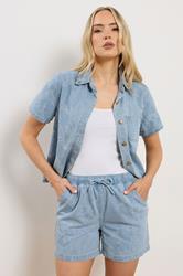 LTS PREMIUM Tall Women's Set Light Blue Cotton Jacquard Denim Shirt & Shorts | Long Tall Sally 1
