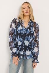 LTS Tall Navy Blue Floral Sheer Pintuck Blouse | Long Tall Sally 1