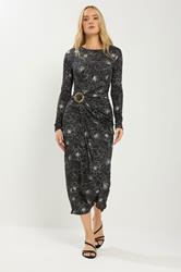 LTS Tall Black Floral Jersey Drape Long Sleeve Buckle Dress | Long Tall Sally 1