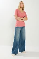 LTS Tall Coral Pink Ribbed Short Sleeve Henley Top | Long Tall Sally 2