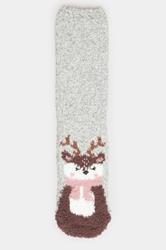 2 PACK Grey & Red Reindeer Fluffy Bed Socks | Yours Clothing 7