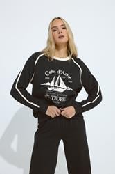 LTS Tall Black 'Cote d'Azur' Slogan Pipe Detail Sweatshirt | Long Tall Sally  1