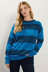 LTS Tall Blue Knitted Stripe Crew Neck Jumper | Long Tall Sally 1