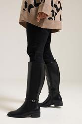 Black Faux Leather Buckle Knee High Riding Boots In Extra Wide EEE Fit | Yours Clothing 1