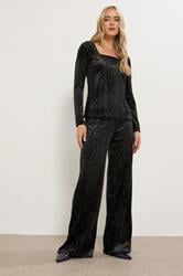 LTS Tall Black Velvet Glitter Wide Leg Trousers | Long Tall Sally 1