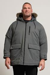 JACK & JONES Big & Tall Grey Faux Fur Detachable Hooded Parka Jacket | BadRhino 1
