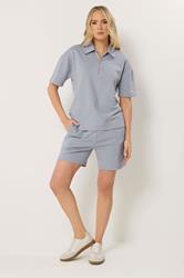 LTS Tall Women's Set Blue Quarter Zip Short Sleeve Cotton Sweatshirt & Shorts | Long Tall Sally 1