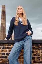 LTS Tall Navy Blue Contrast V-Neck Jumper | Long Tall Sally 1