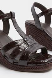 Chocolate Brown Faux Leather Patent T-Bar Wedge Sandals In Wide E Fit | Yours Clothing 6