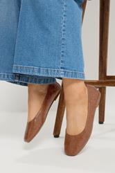 Brown Croc Square Toe Ballet Pumps In Wide E Fit | Yours Clothing 1