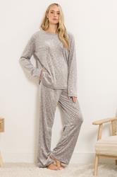 LTS Tall Stone Brown Leopard Embossed Luxe Fleece Pyjama Set | Long Tall Sally 1