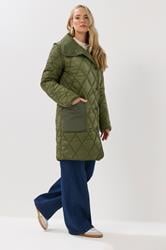 LTS Tall Khaki Green Funnel Neck Quilted Coat | Long Tall Sally 2