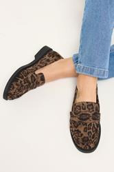 Brown Leopard Print Faux Suede Slip On Loafers In Extra Wide EEE Fit | Yours Clothing 1