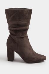 Chocolate Brown Faux Suede Ruched Block Heel Boots In Standard Fit | Yours Clothing 2