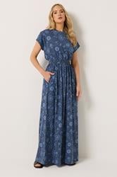 LTS Tall Women's Blue Floral Shirred Waist Cotton Maxi Dress | Long Tall Sally 1