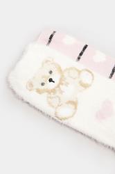 2 PACK White & Pink Teddy Bear Fluffy Bed Socks | Yours Clothing 5