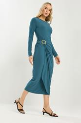LTS Tall Teal Green Jersey Drape Long Sleeve Buckle Dress | Long Tall Sally 2