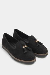 Black Faux Suede Tassel Slip On Loafers In Wide E Fit | Yours Clothing 1