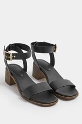 Black Faux Leather Block Heel Sandals In Wide E Fit