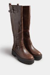 Brown Faux Leather Buckle Chunky Knee High Boots In Standard Fit | Yours Clothing 2