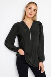 LTS Tall Womens Black Balloon Sleeve Zip Neck Top | Long Tall Sally 1