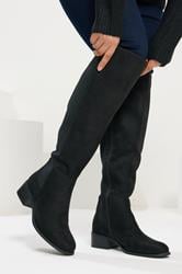 Black Faux Suede Elasticated Knee High Boots In Extra Wide EEE Fit | Yours Clothing 1