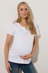 LTS Tall Premium Maternity White Cotton Placket Button T-Shirt | Long Tall Sally 1