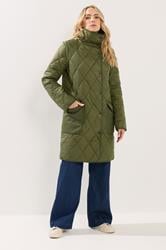 LTS Tall Khaki Green Funnel Neck Quilted Coat | Long Tall Sally 2