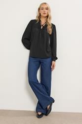 LTS Tall Black Textured Tie Neck Blouse | Long Tall Sally 1