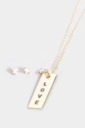 Gold & Pink Live Laugh Love Necklace & Stone Earring Set 3
