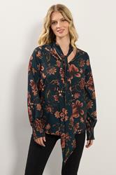 LTS Tall Teal Blue Floral Tie Neck Blouse | Long Tall Sally 2