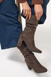 Chocolate Brown Faux Suede Ruched Block Heel Boots In Standard Fit | Yours Clothing 1