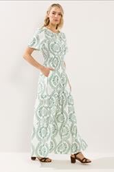 LTS Tall Women's Green & White Leaf Print Linen Maxi Dress | Long Tall Sally 1