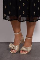 Gold Bow Mid Block Heel Sandals In Extra Wide EEE Fit | Yours Clothing 1