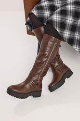 Brown Faux Leather Buckle Chunky Knee High Boots In Standard Fit | Yours Clothing 1