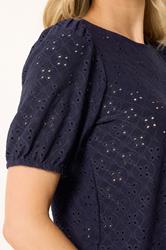 LTS Tall Women's Navy Blue Broderie Anglaise Puff Sleeve Top | Long Tall Sally 4