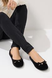 LTS Black Velvet Bow Ballerina Pumps In Standard Fit | Long Tall Sally 1