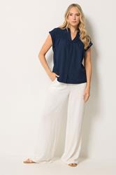 LTS Tall Women's Navy Blue Shirred Detail Linen Blouse | Long Tall Sally 1