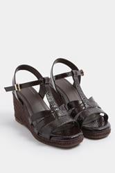Chocolate Brown Faux Leather Patent T-Bar Wedge Sandals In Wide E Fit