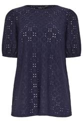 LTS Tall Women's Navy Blue Broderie Anglaise Puff Sleeve Top | Long Tall Sally 5