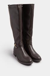 Brown Buckle Stretch Back Knee High Boots In Standard Fit | Yours Clothing 2