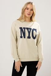 LTS Tall Beige Brown 'NYC' Applique Slogan Sweatshirt | Long TallSally 1