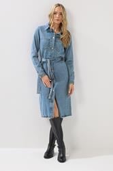 LTS Tall Blue Denim Long Sleeve Belt Tie Midi Dress | Long Tall Sally 1